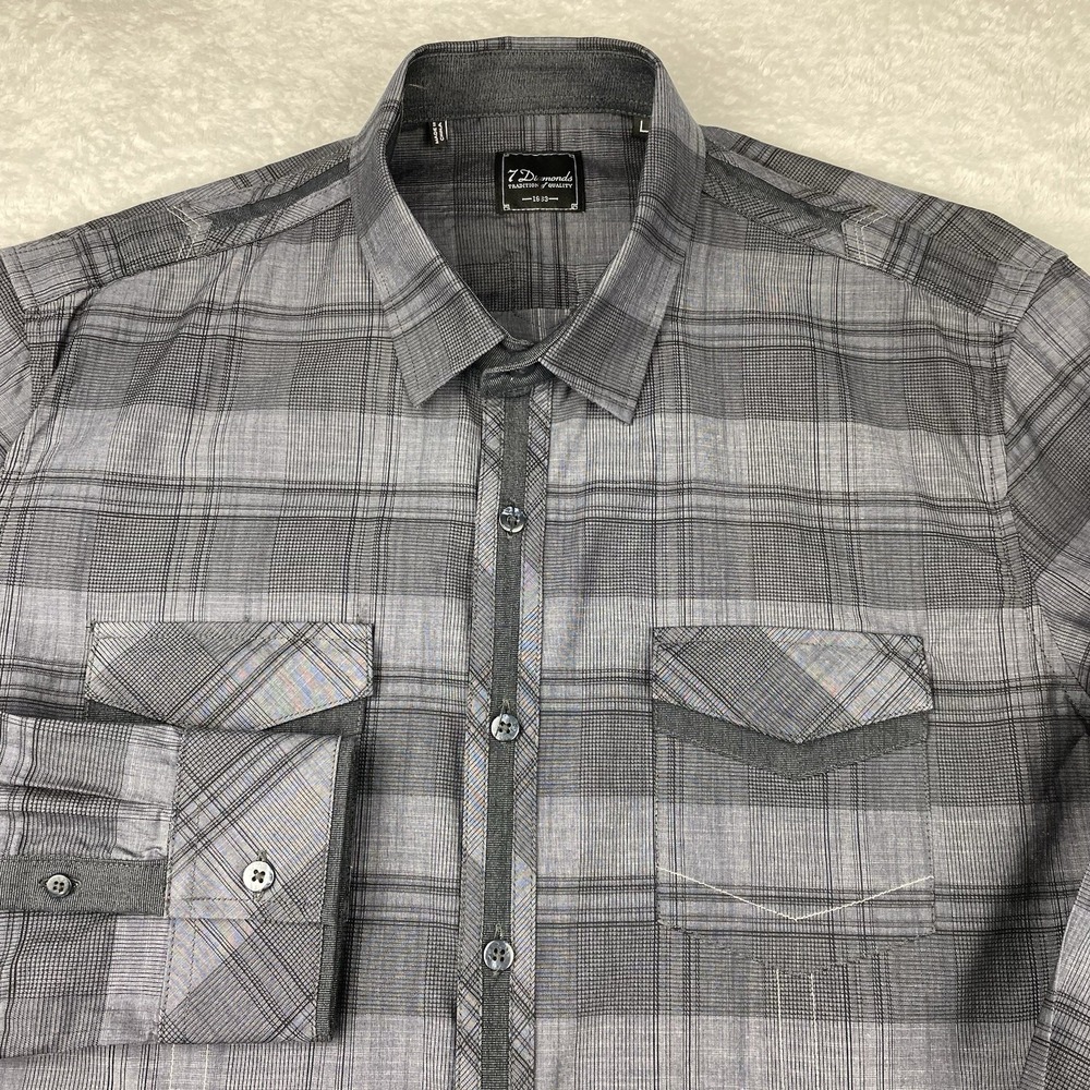7 Diamonds Shirt Mens Large Dark Gray Plaid Flip Cuffs Dual Pockets Nice!